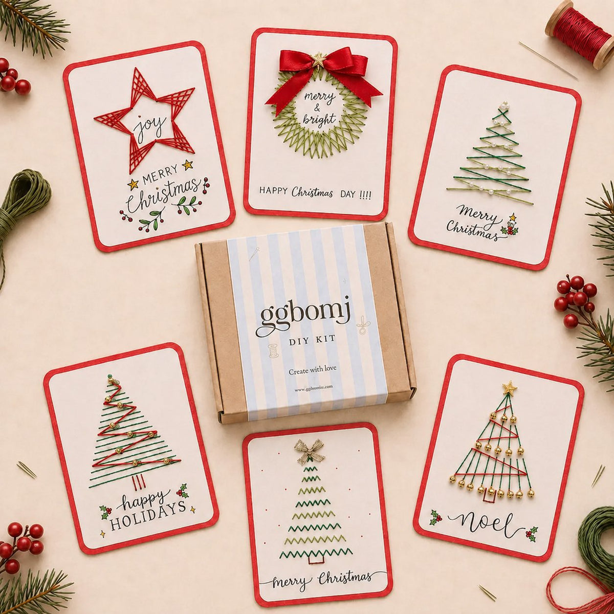 🎄 DIY Hand Embroidery Christmas Thread Cards Kit (Set of 6) – Handmade Holiday Greeting Cards Craft Set
