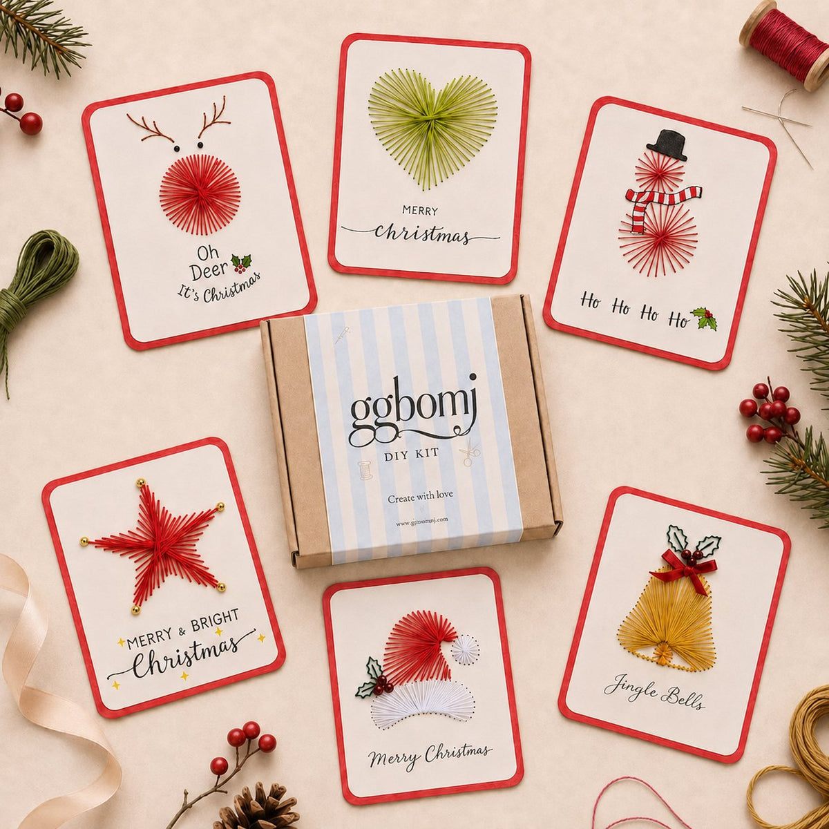🎄 DIY Hand Embroidery Christmas Thread Cards Kit (Set of 6) – Handmade Holiday Greeting Cards Craft Set