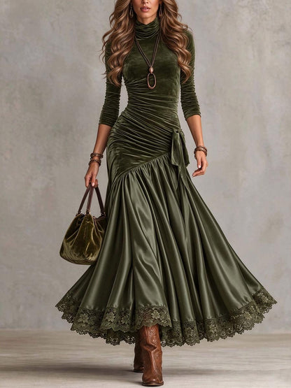 Women's Vintage Velvet Ruched Maxi Dress with Lace Trim