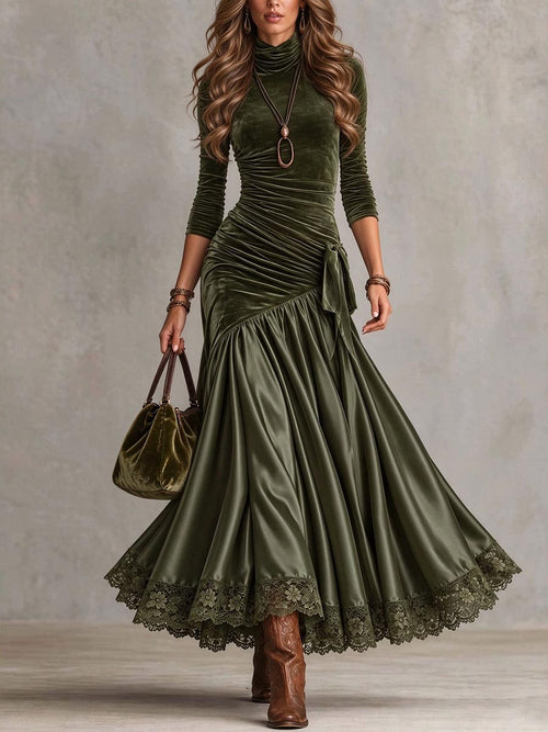 Women's Vintage Velvet Ruched Maxi Dress with Lace Trim