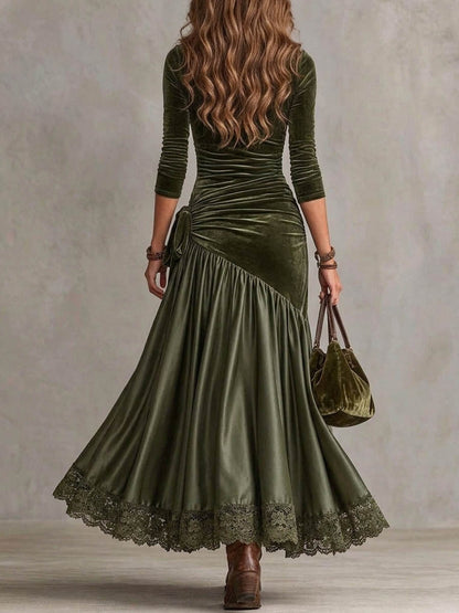 Women's Vintage Velvet Ruched Maxi Dress with Lace Trim