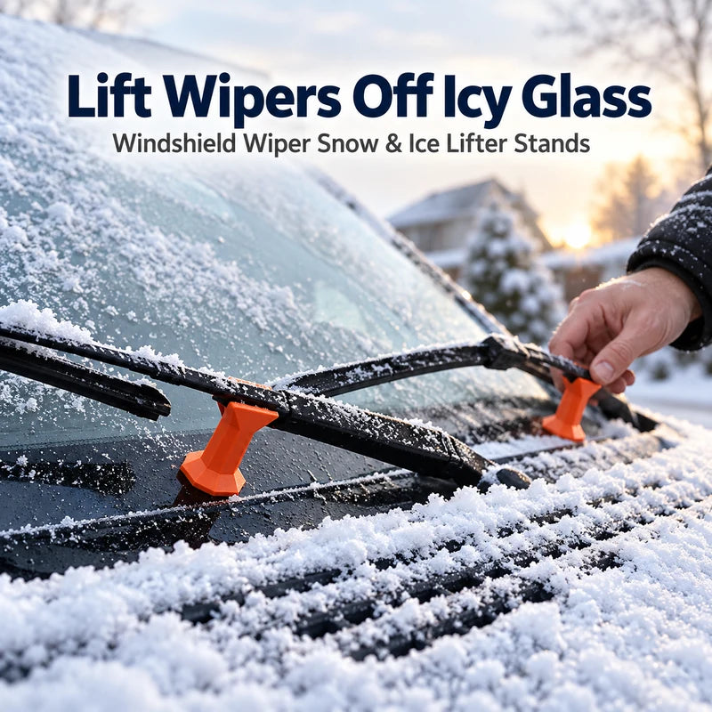 Orange windshield wiper lifter stands supporting wipers above a snowy windshield