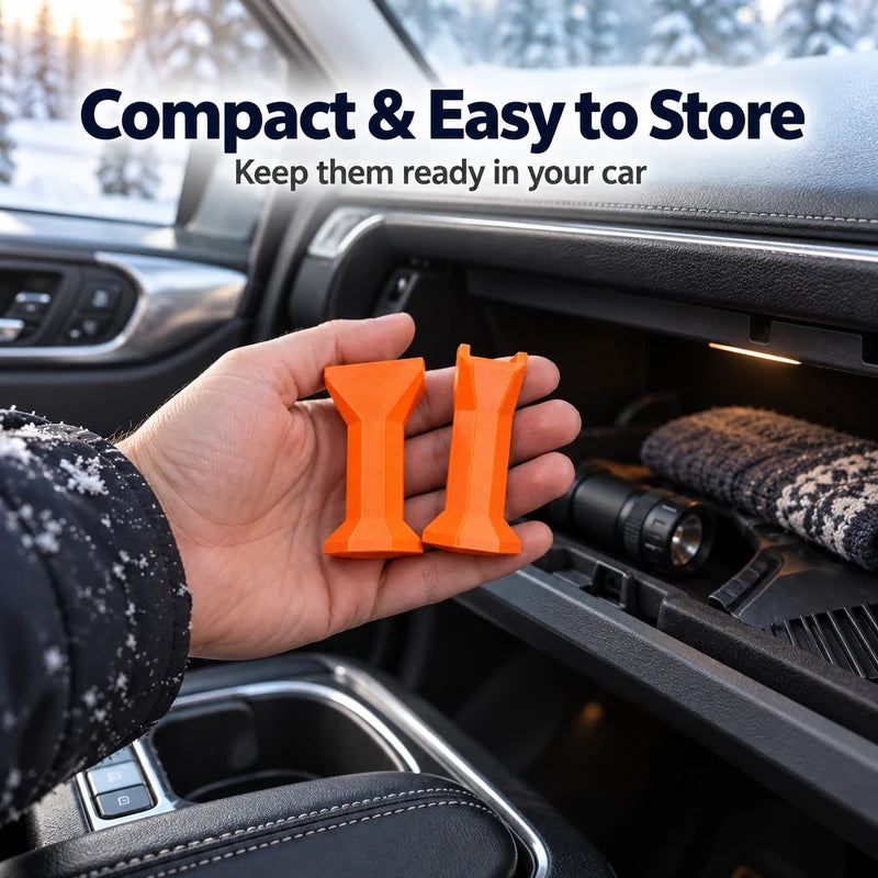 Compact orange lifter stands held by hand beside an open car glove compartment